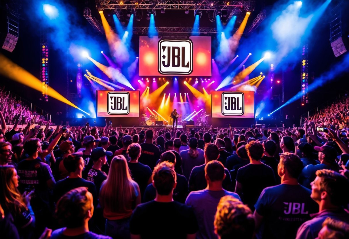 A vibrant concert stage with JBL logos displayed prominently, surrounded by enthusiastic fans and pulsing with colorful lights and dynamic sound