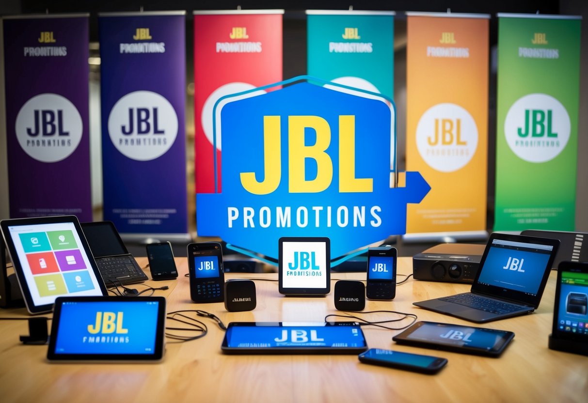 A vibrant display of colorful banners and logos for JBL promotions, surrounded by various electronic devices and accessories