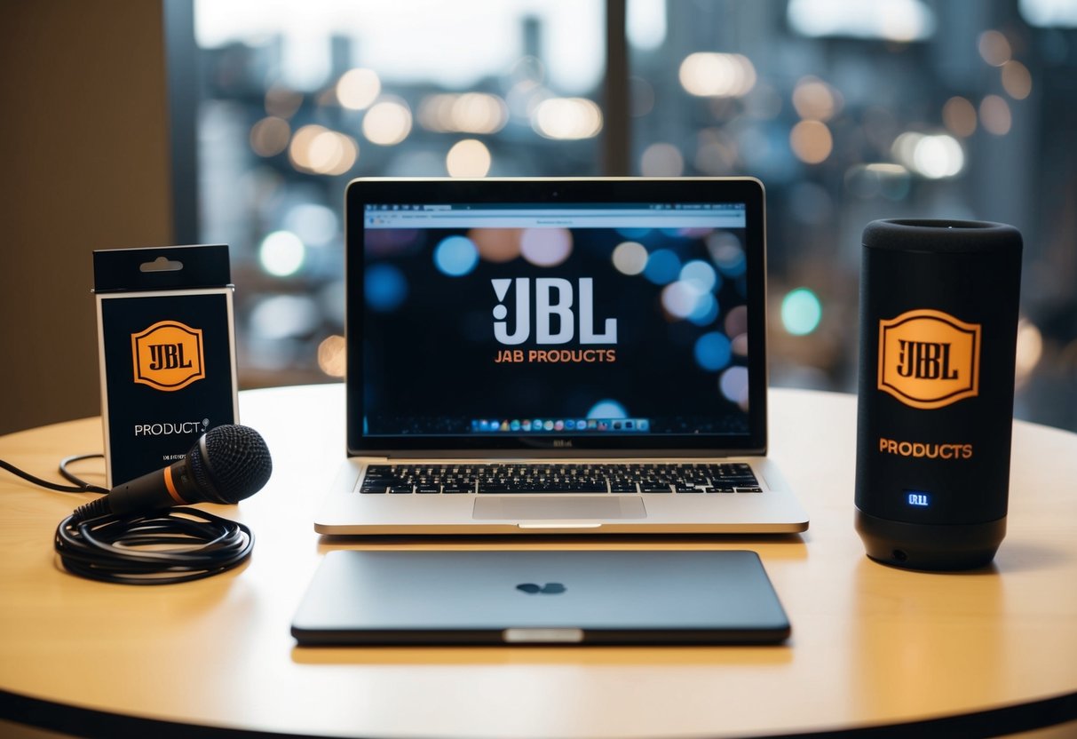 A table with a laptop, microphone, and promotional materials for JBL products