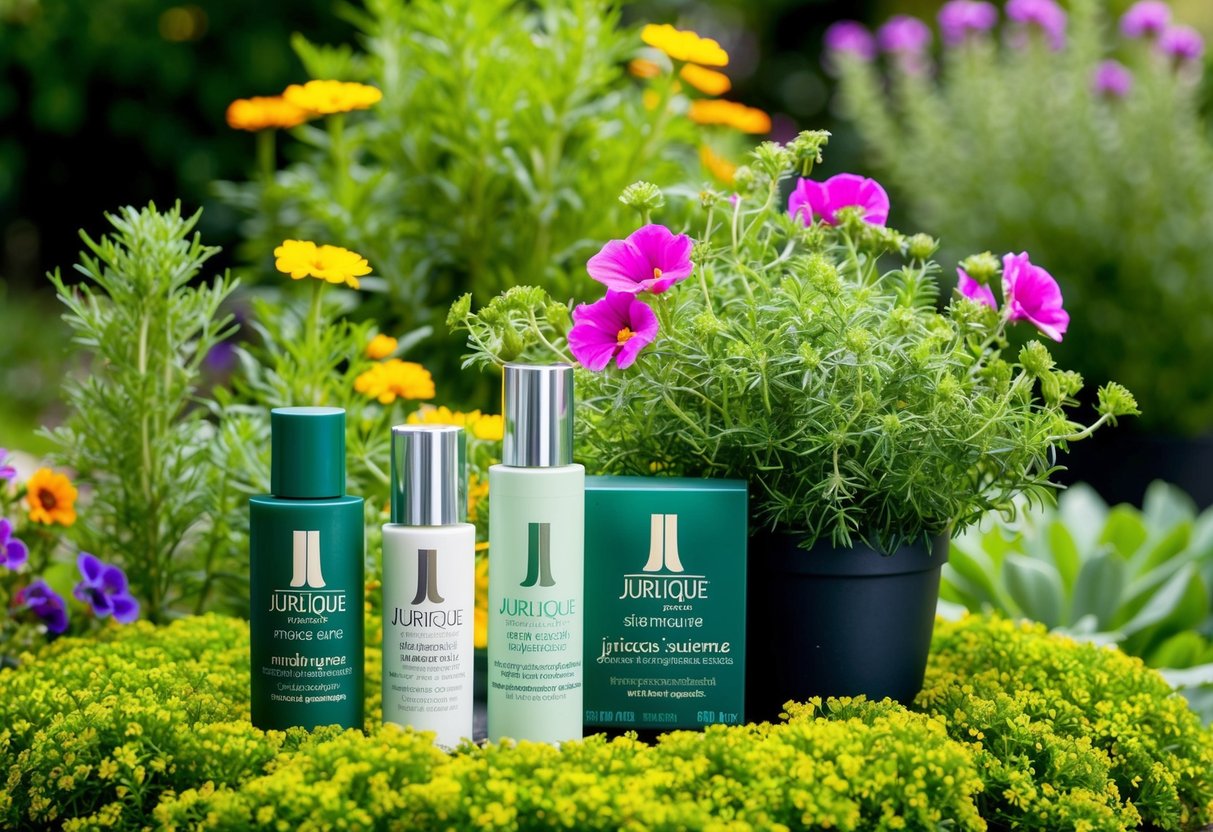 A lush garden with vibrant flowers and herbs, showcasing Jurlique skincare products in a natural, eco-friendly setting