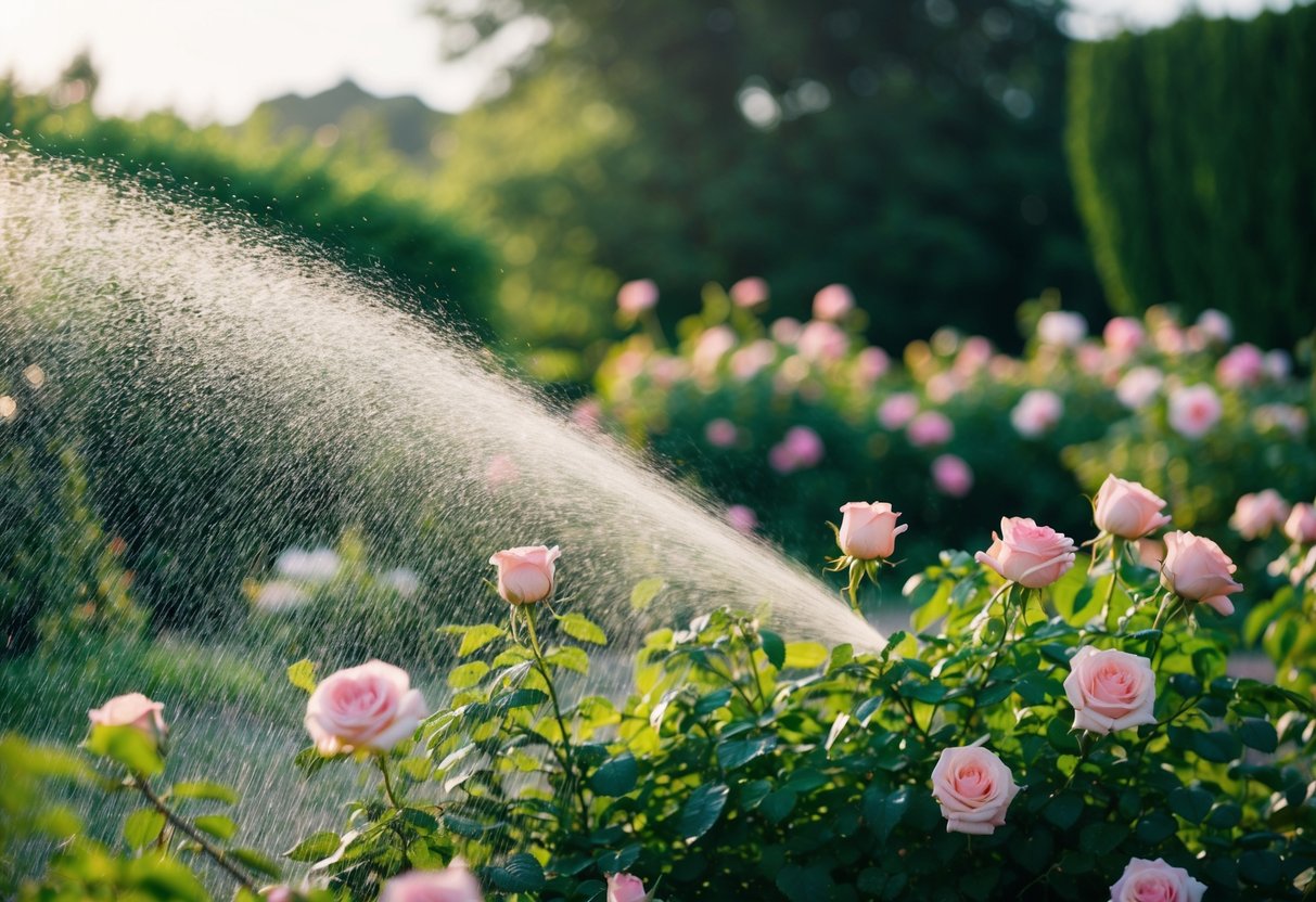 A delicate spray of rosewater mist envelops a serene garden of blooming roses and lush greenery