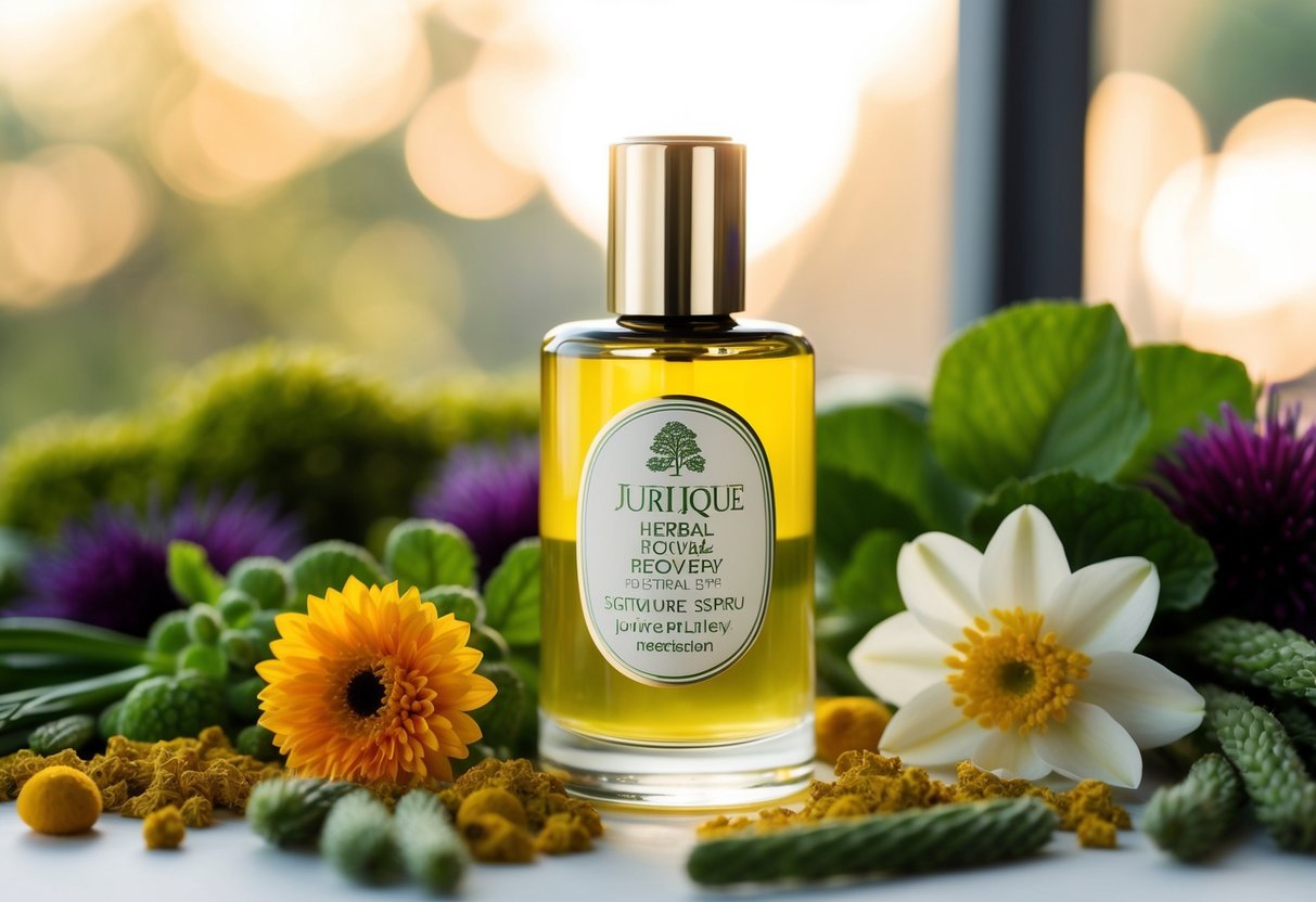 A glass bottle of Jurlique Herbal Recovery Signature Serum surrounded by fresh botanical ingredients and flowers