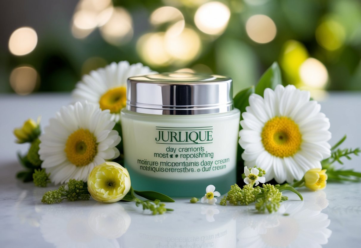 A jar of Jurlique Moisture Replenishing Day Cream surrounded by fresh flowers and natural elements