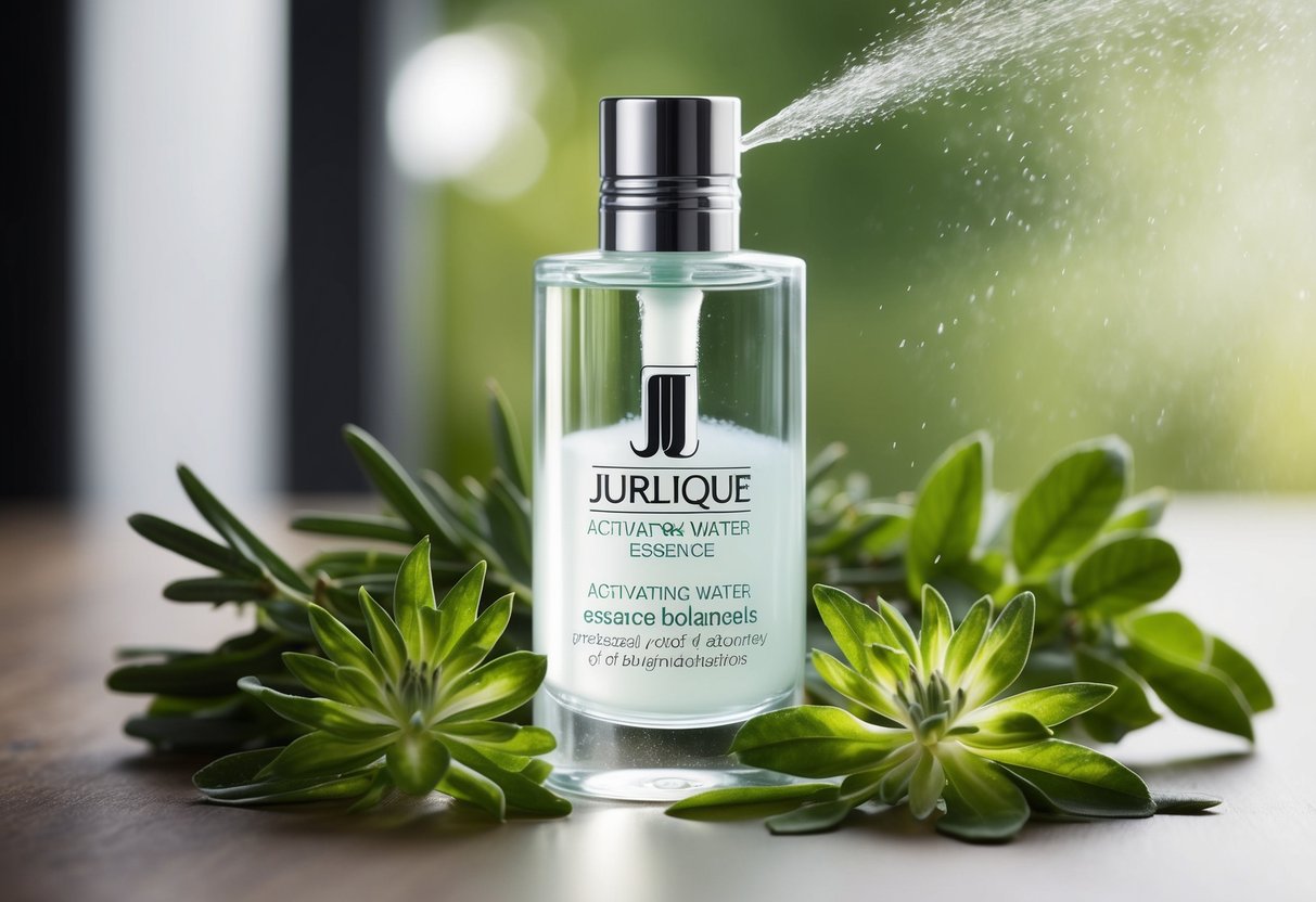 A clear glass bottle of Jurlique Activating Water Essence surrounded by fresh botanicals and a gentle mist in the air
