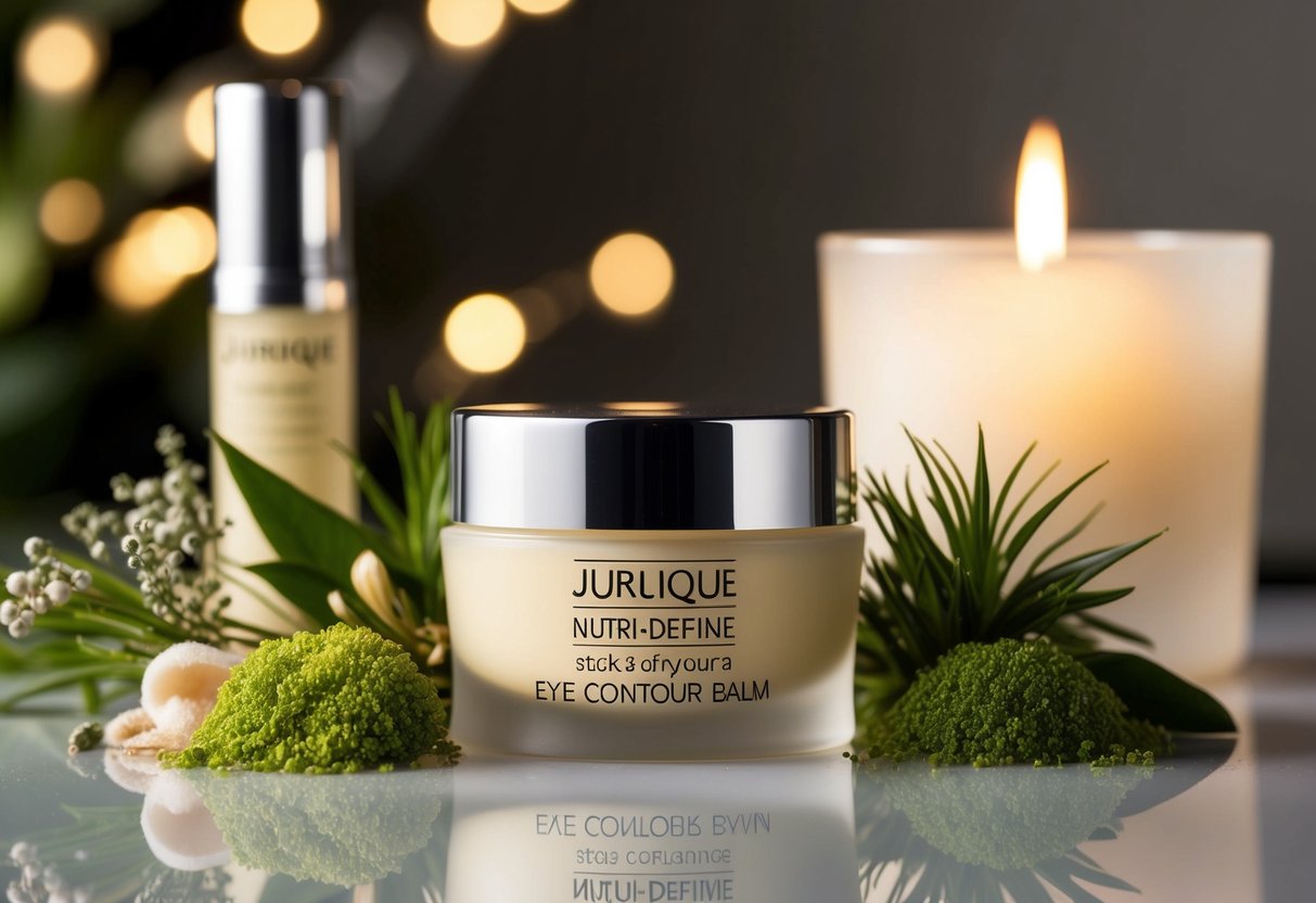 A luxurious jar of Jurlique Nutri-Define Eye Contour Balm surrounded by botanical elements and soft lighting, evoking a sense of natural beauty and skincare indulgence