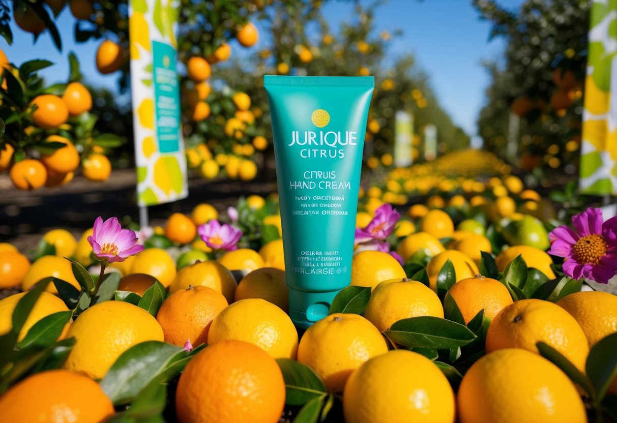 A vibrant citrus orchard with ripe fruits and blooming flowers, surrounded by promotional banners for Jurlique Citrus Hand Cream