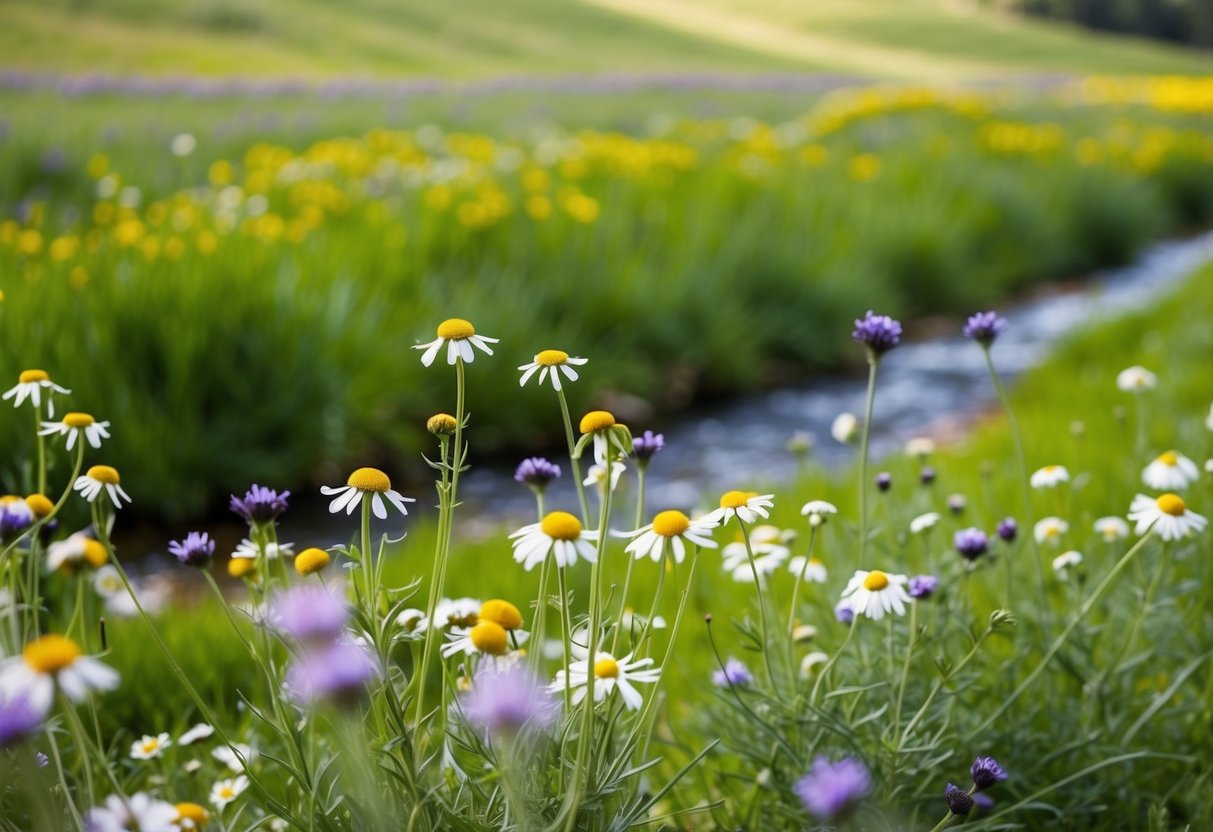 A serene, green meadow with a gentle stream, surrounded by blooming chamomile and lavender flowers