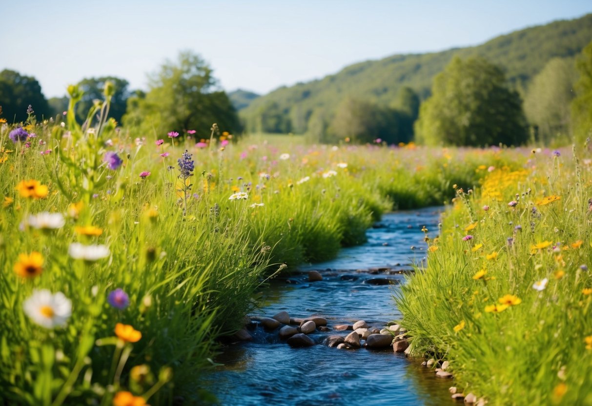 A serene meadow with a flowing stream, surrounded by colorful wildflowers and a gentle breeze
