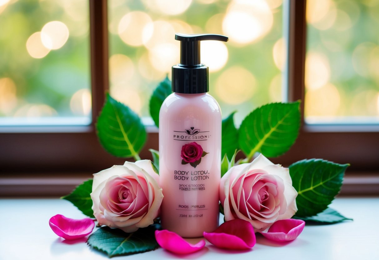 A delicate rose body lotion bottle surrounded by fresh rose petals and green leaves, with soft natural light filtering through the window