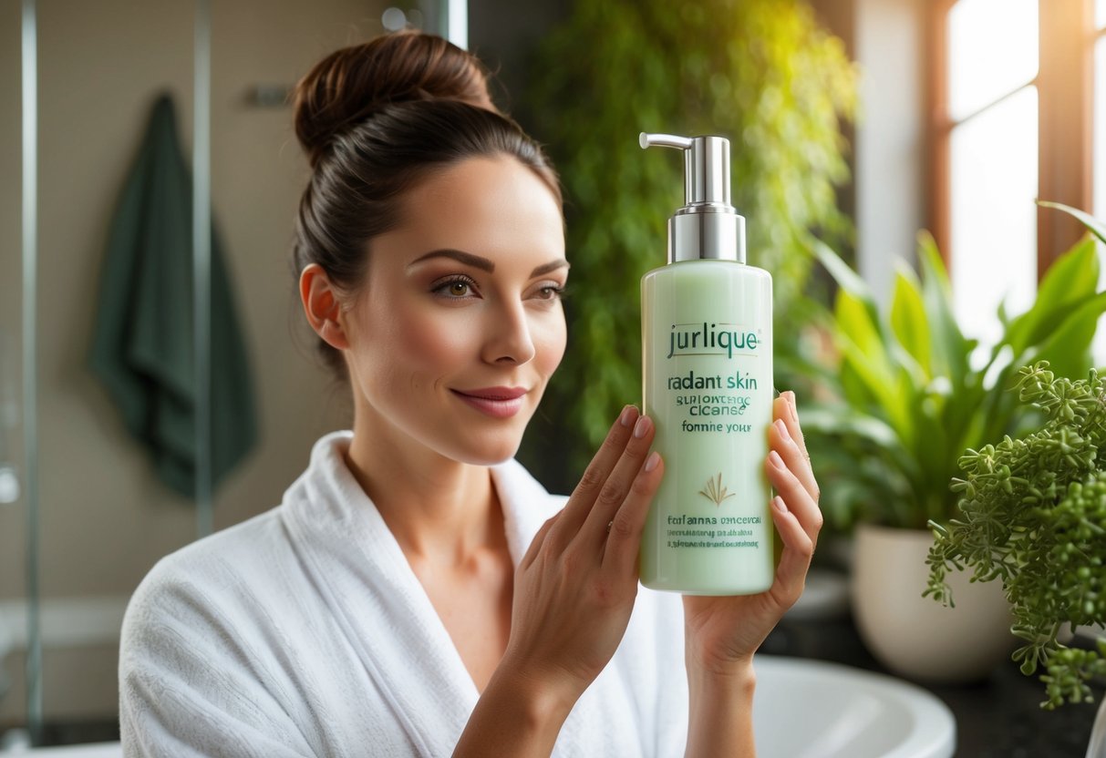 A woman with glowing skin using Jurlique Radiant Skin Foaming Cleanser in a lush, botanical-filled bathroom