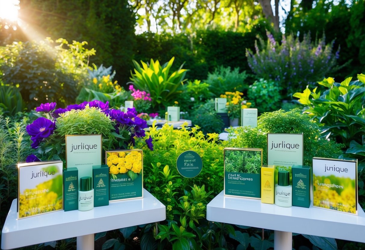 A lush garden with vibrant flowers and herbs, showcasing Jurlique products on display tables with promotional signage. Sunshine filters through the foliage
