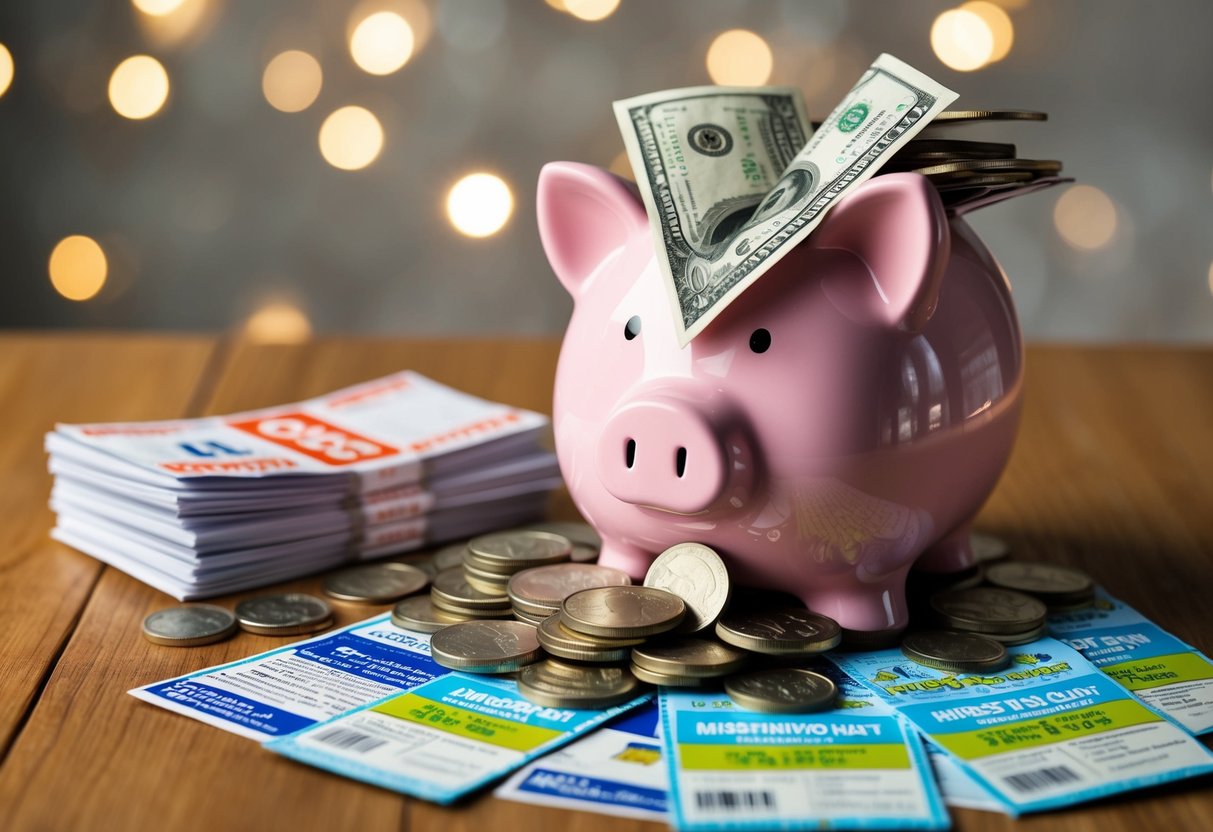 A piggy bank overflowing with coins and bills, surrounded by a stack of money-saving coupons and promotional flyers