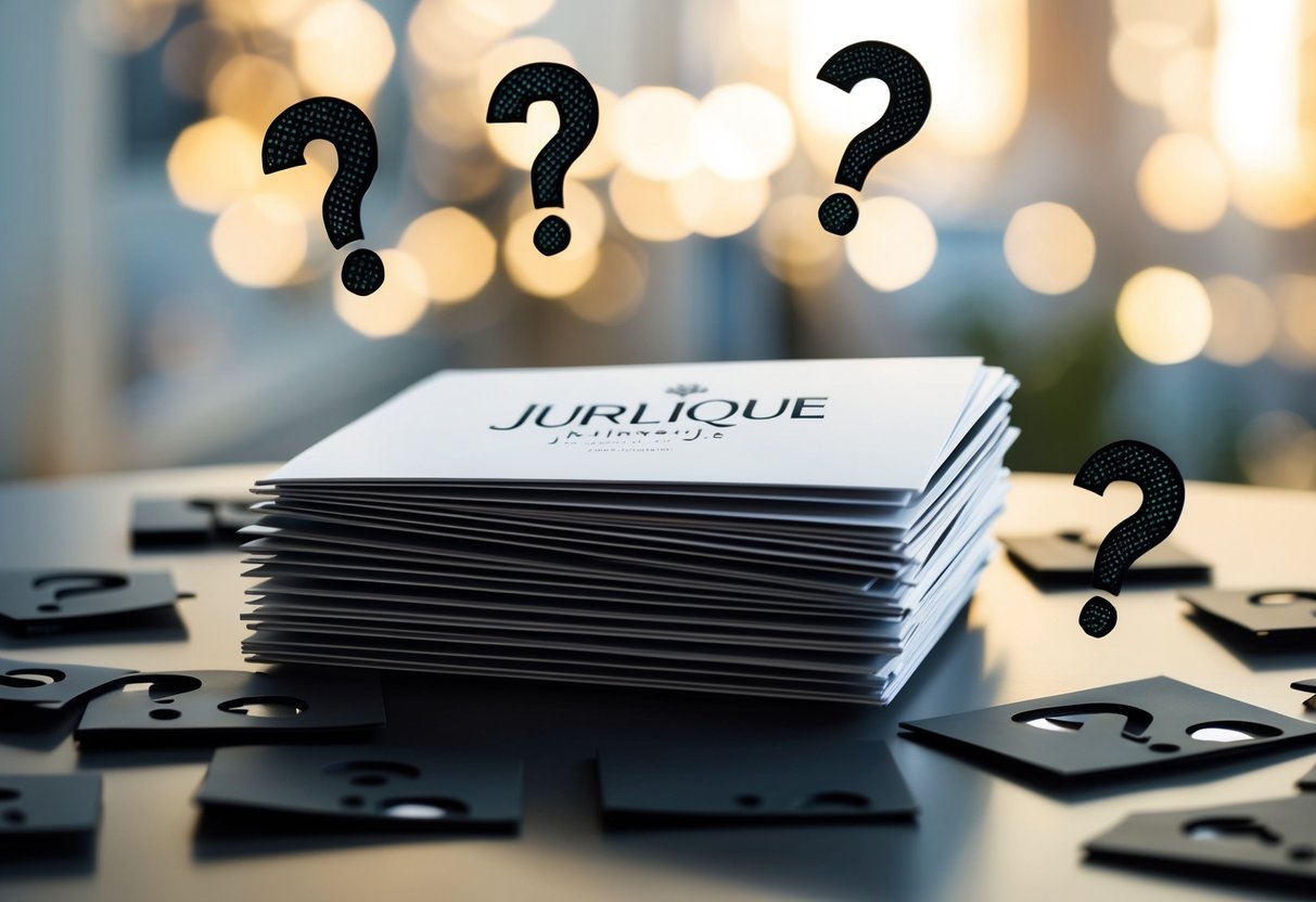 A stack of promotional materials with the Jurlique logo, surrounded by question marks and a sense of curiosity