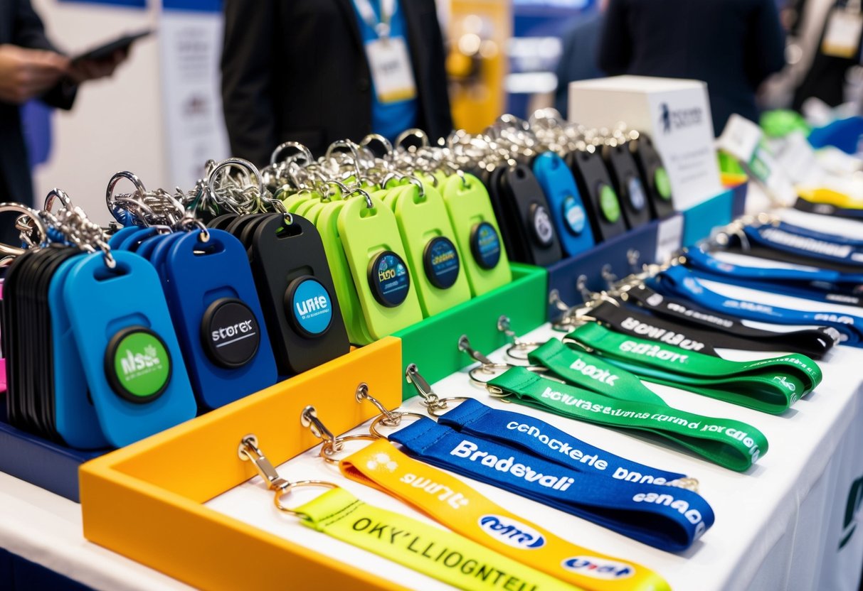 A colorful display of branded merchandise, including keychains, lanyards, and retractable badge holders, arranged on a table at a trade show