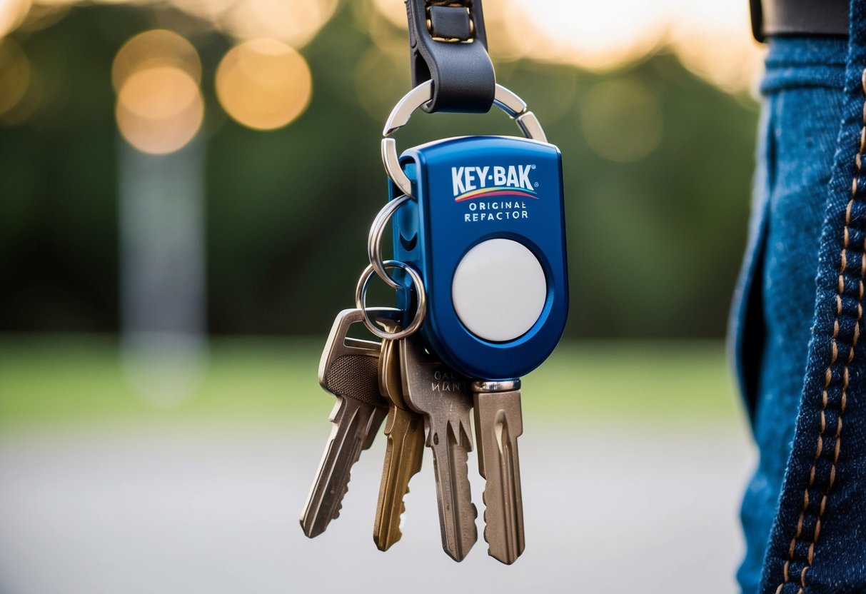A set of keys attached to a KEY-BAK Original Retractor, hanging from a belt loop with promotional branding