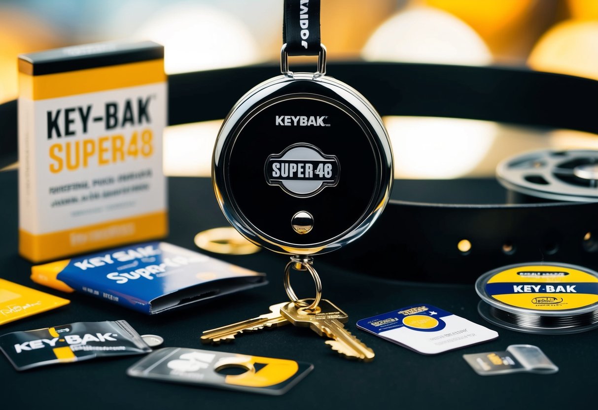 A shiny KEY-BAK Super48 Key Reel dangles from a belt loop, surrounded by various promotional items