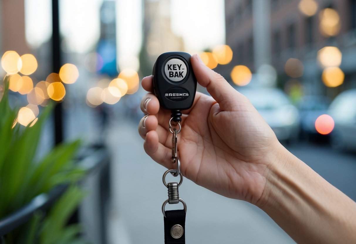 A hand reaches for a KEY-BAK Sidekick Badge Reel attached to a belt loop