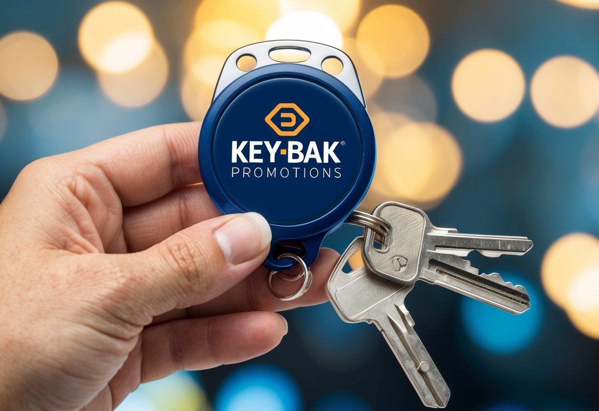 A hand reaches for a retractable ID badge holder attached to a set of keys. The badge holder is branded with the logo of Key-Bak promotions