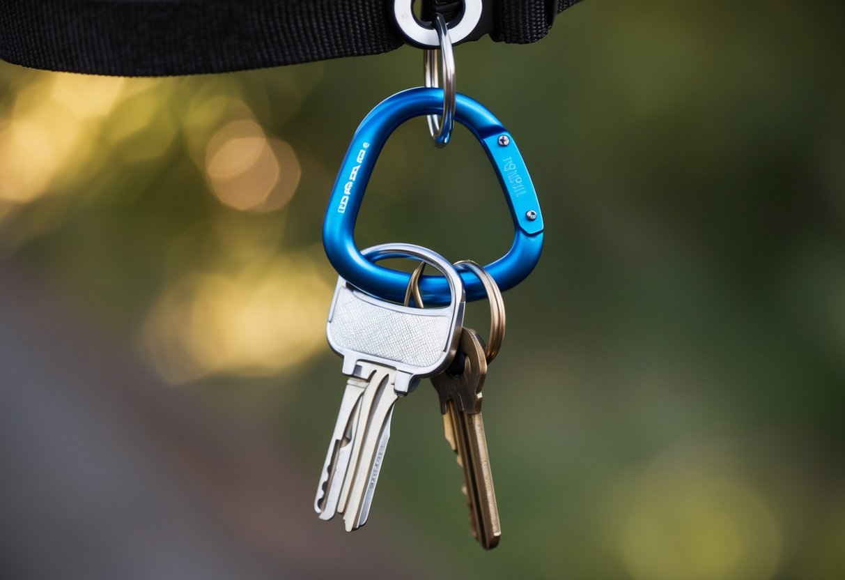 A heavy-duty carabiner attached to a set of keys, hanging from a belt loop