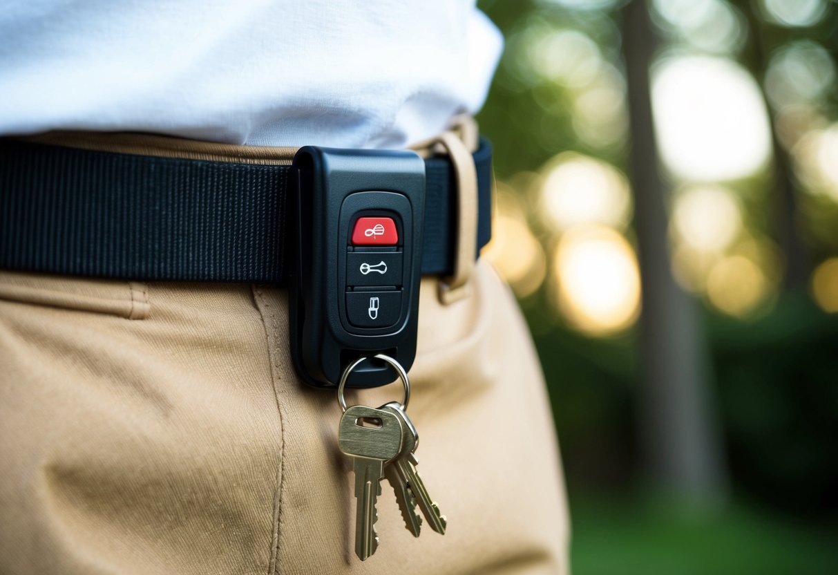 A belt clip key holder attached to a waistband, with keys hanging from it