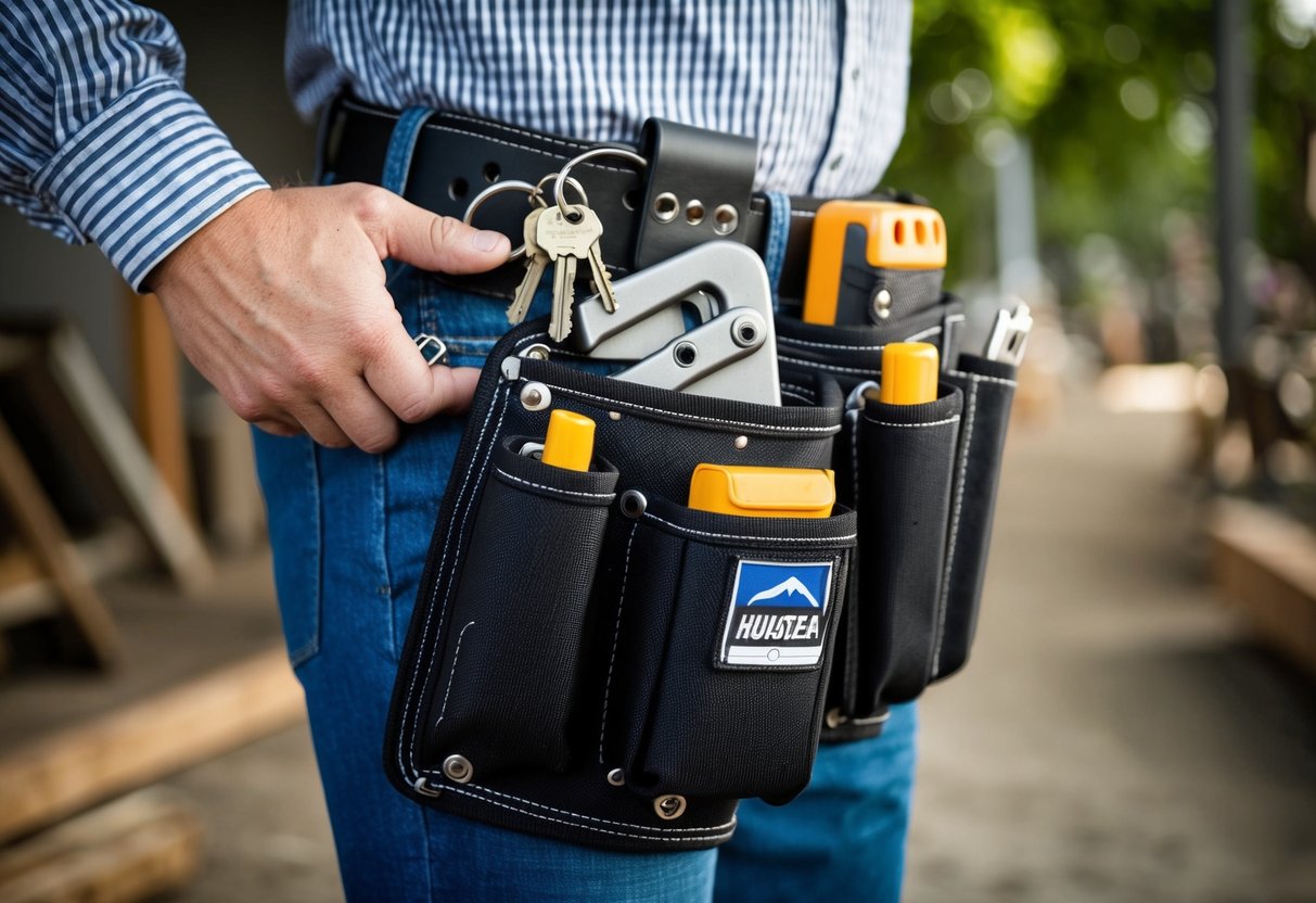 A sturdy tool holster attached to a belt, with multiple compartments for keys and small tools