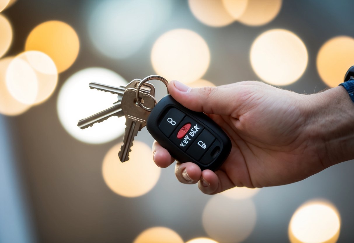 A hand releasing a set of keys from a KEY-BAK Quick Release Key Holder