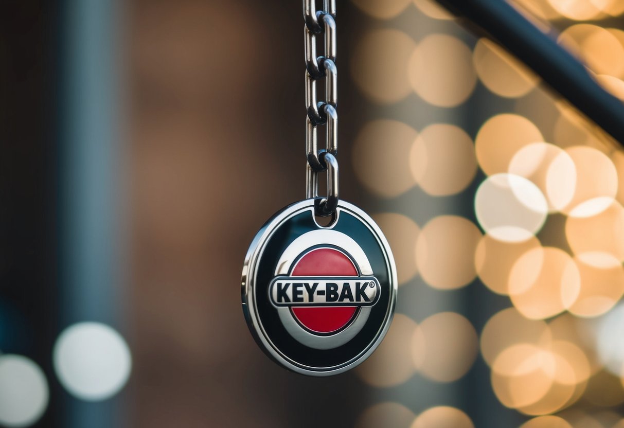 A stainless steel chain hangs, with a KEY-BAK logo attached