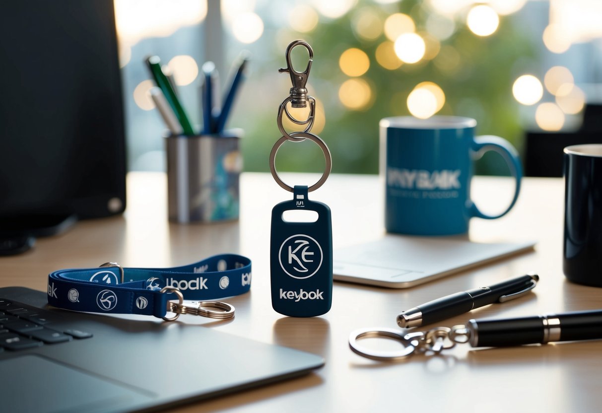 An office desk with a branded KeyBak keychain, surrounded by various promotional items like pens, mugs, and lanyards