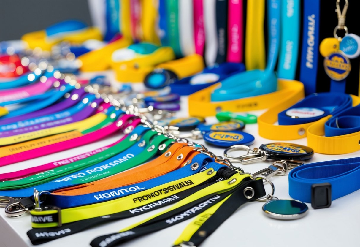 A bright and colorful display of various promotional items such as keychains, lanyards, and badges arranged neatly on a table