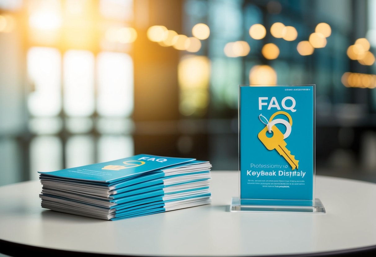A table with a stack of FAQ brochures and a promotional keybak display