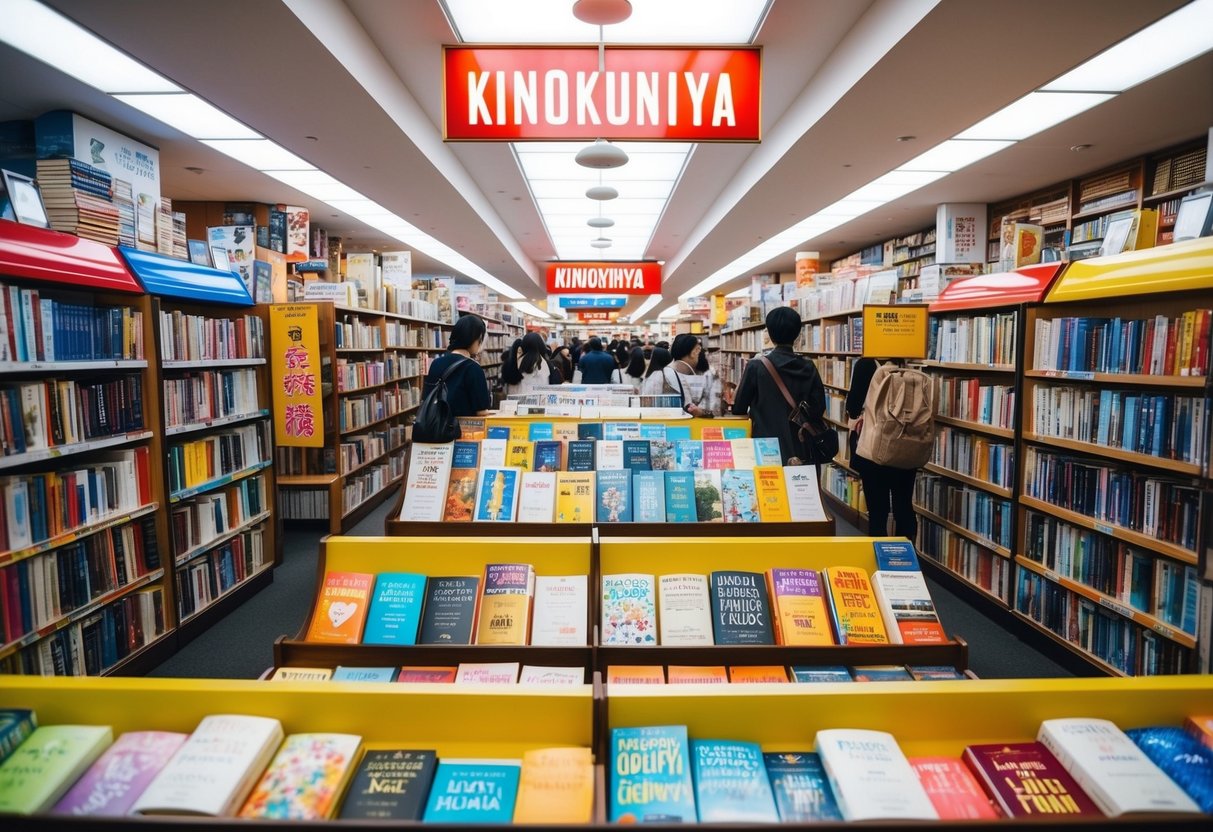 A crowded bookstore with colorful promotional displays and shelves of books at Kinokuniya