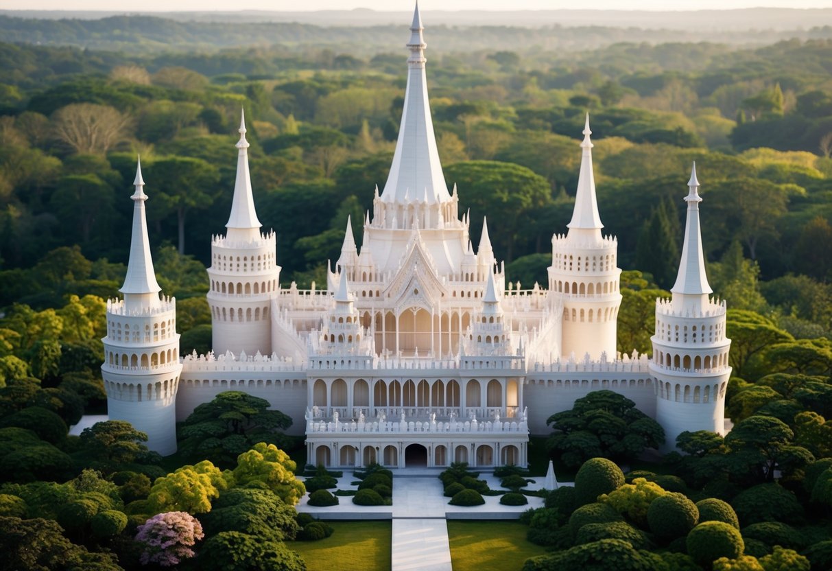 A grand, ornate palace made entirely of paper, with intricate details and towering spires, nestled within a lush and vibrant forest