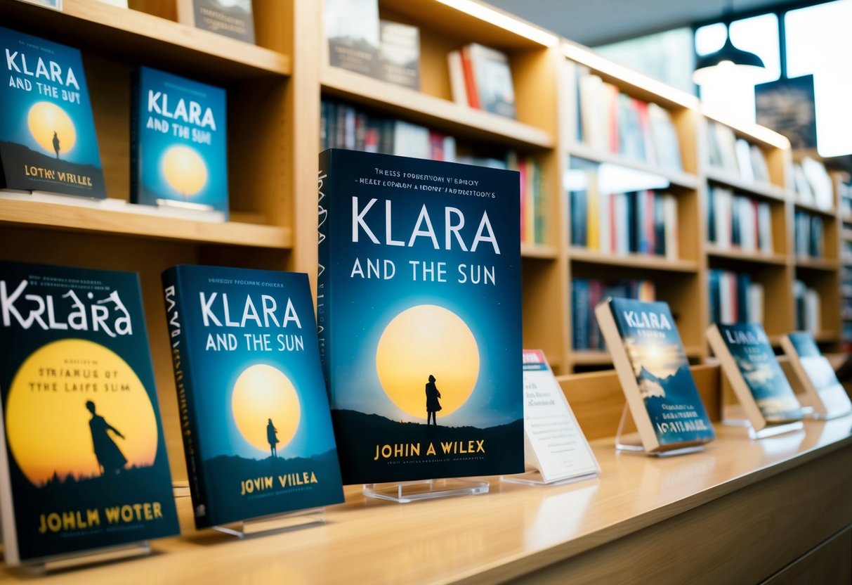 A sunlit bookstore display with "Klara and the Sun" featured prominently among other books and promotional materials