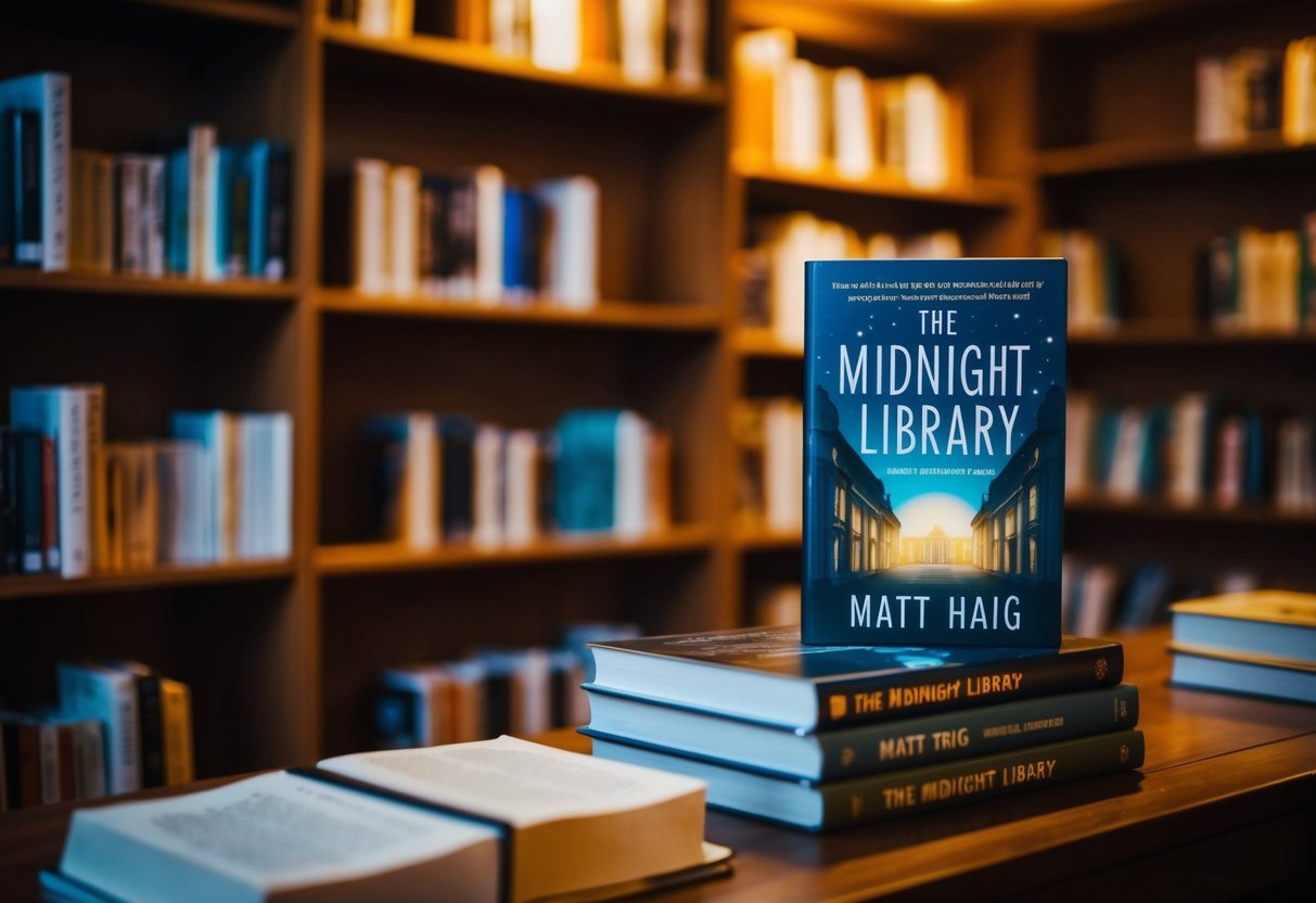 A cozy bookstore at night with a display of "The Midnight Library" by Matt Haig. Warm lighting and bookshelves create a peaceful atmosphere
