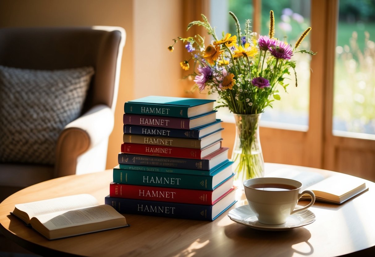 A stack of "Hamnet" books arranged on a table next to a vase of wildflowers and a cup of tea. A cozy armchair sits nearby, bathed in warm sunlight
