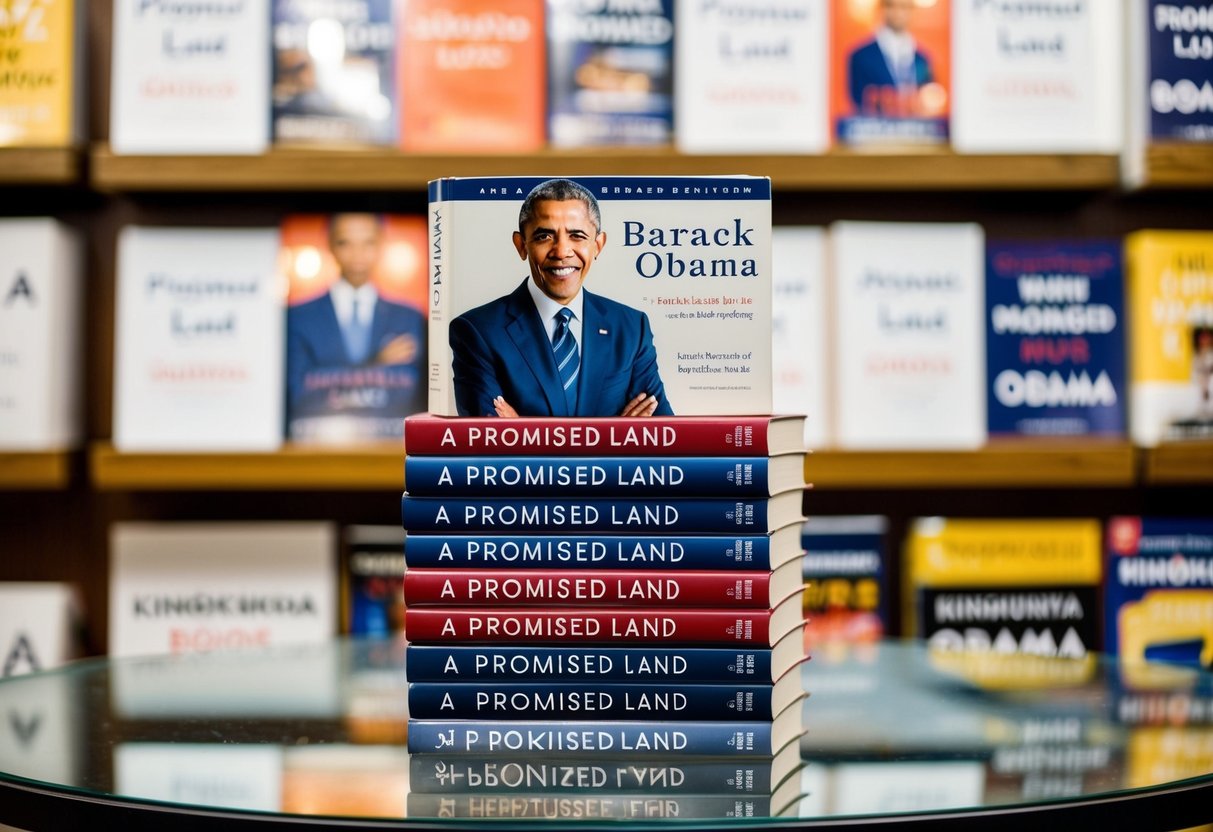 A stack of "A Promised Land" books by Barack Obama displayed with promotional materials at Kinokuniya bookstore