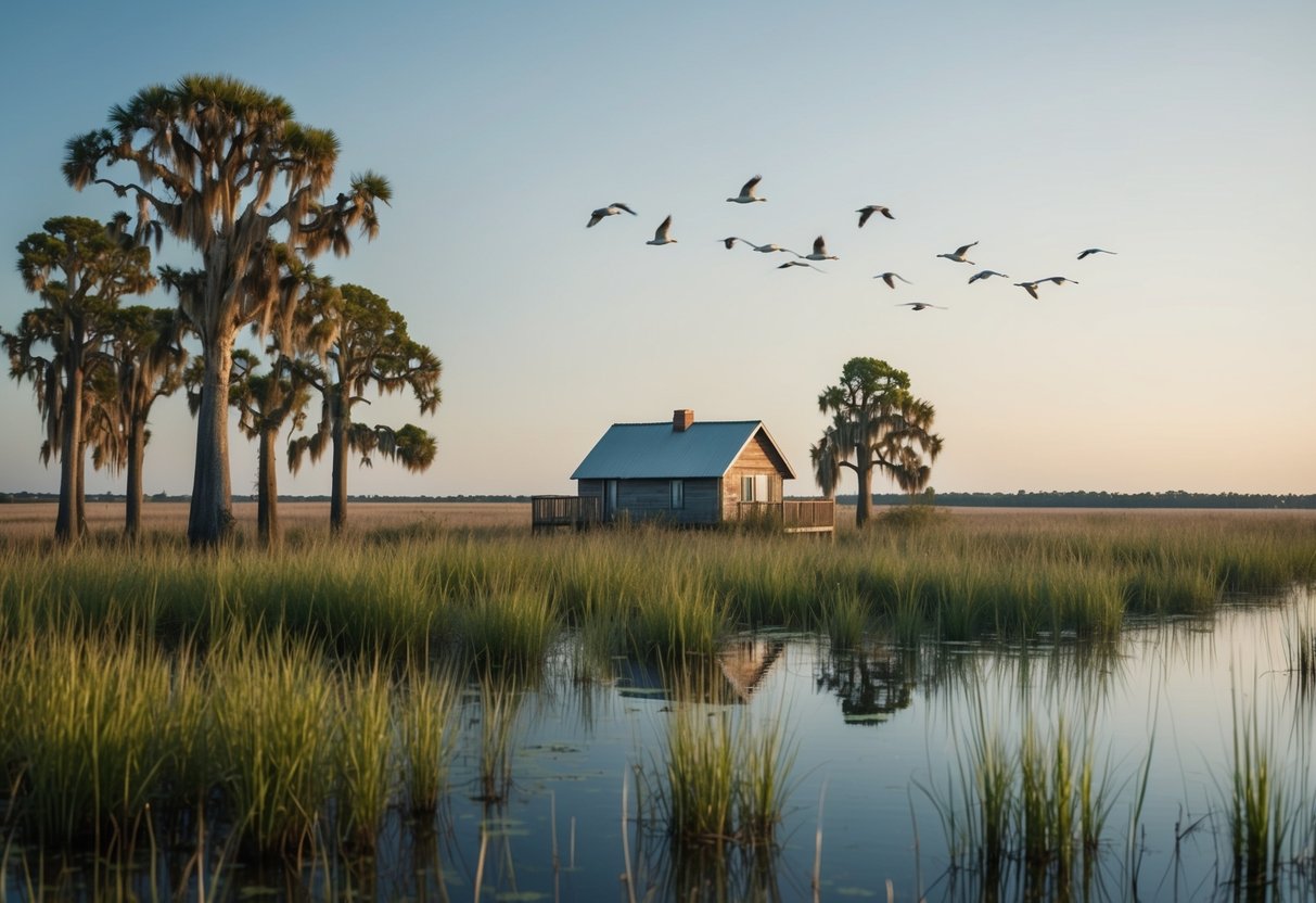 A serene marshland with a lone cabin nestled among tall grasses and cypress trees, with a flock of birds flying overhead