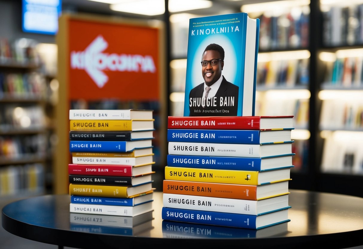 A stack of "Shuggie Bain" books displayed on a table with a Kinokuniya promotional sign