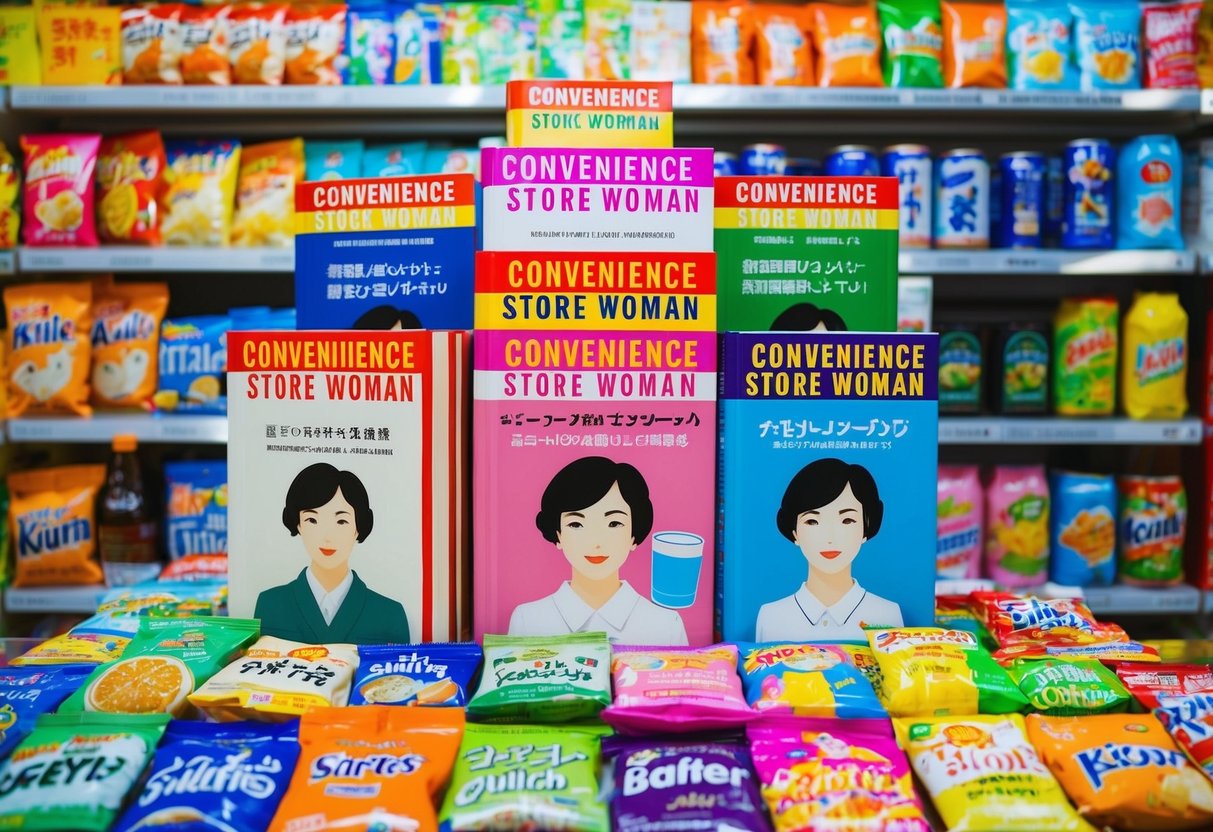 A colorful display of "Convenience Store Woman" books at Kinokuniya, surrounded by various snacks and drinks
