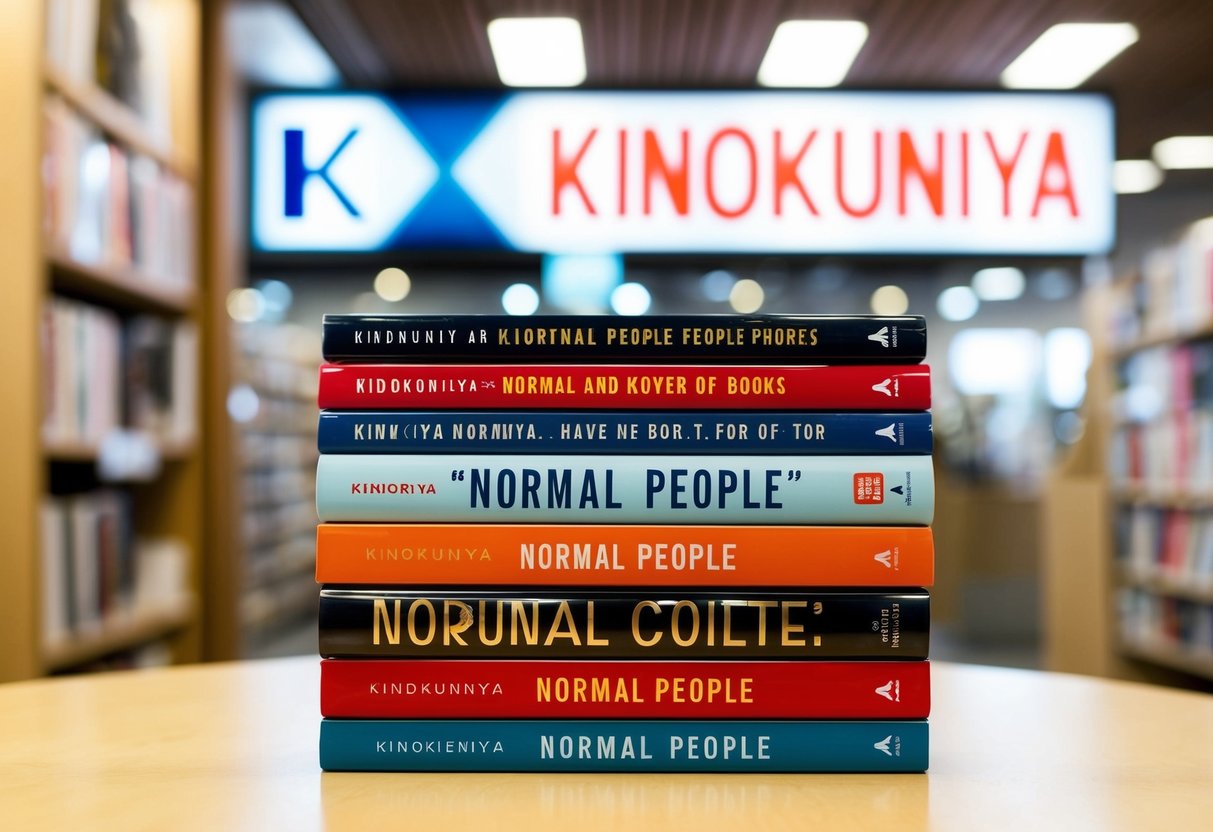 A stack of "Normal People" books displayed on a table with a Kinokuniya promotional sign in the background