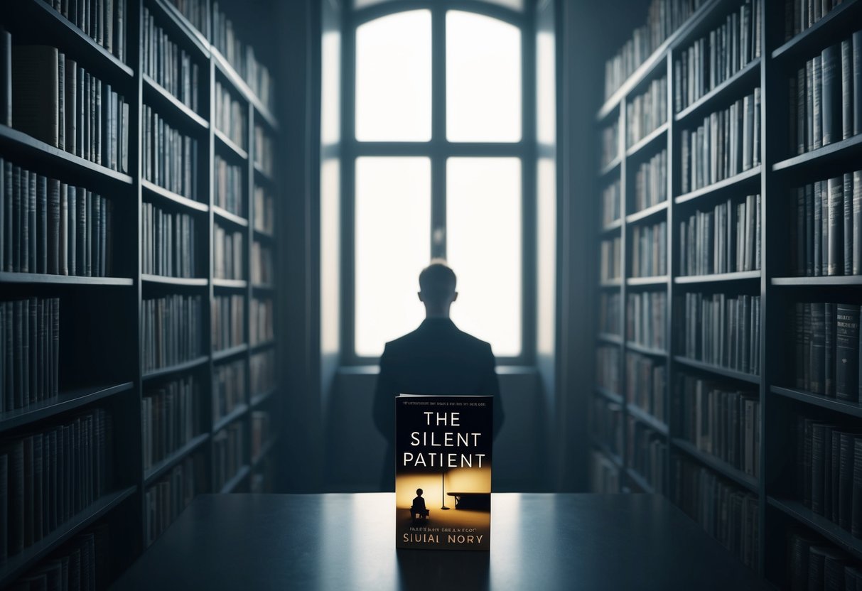 A solitary figure sits in a dimly lit room, surrounded by shelves of books. The cover of "The Silent Patient" is prominently displayed on a table