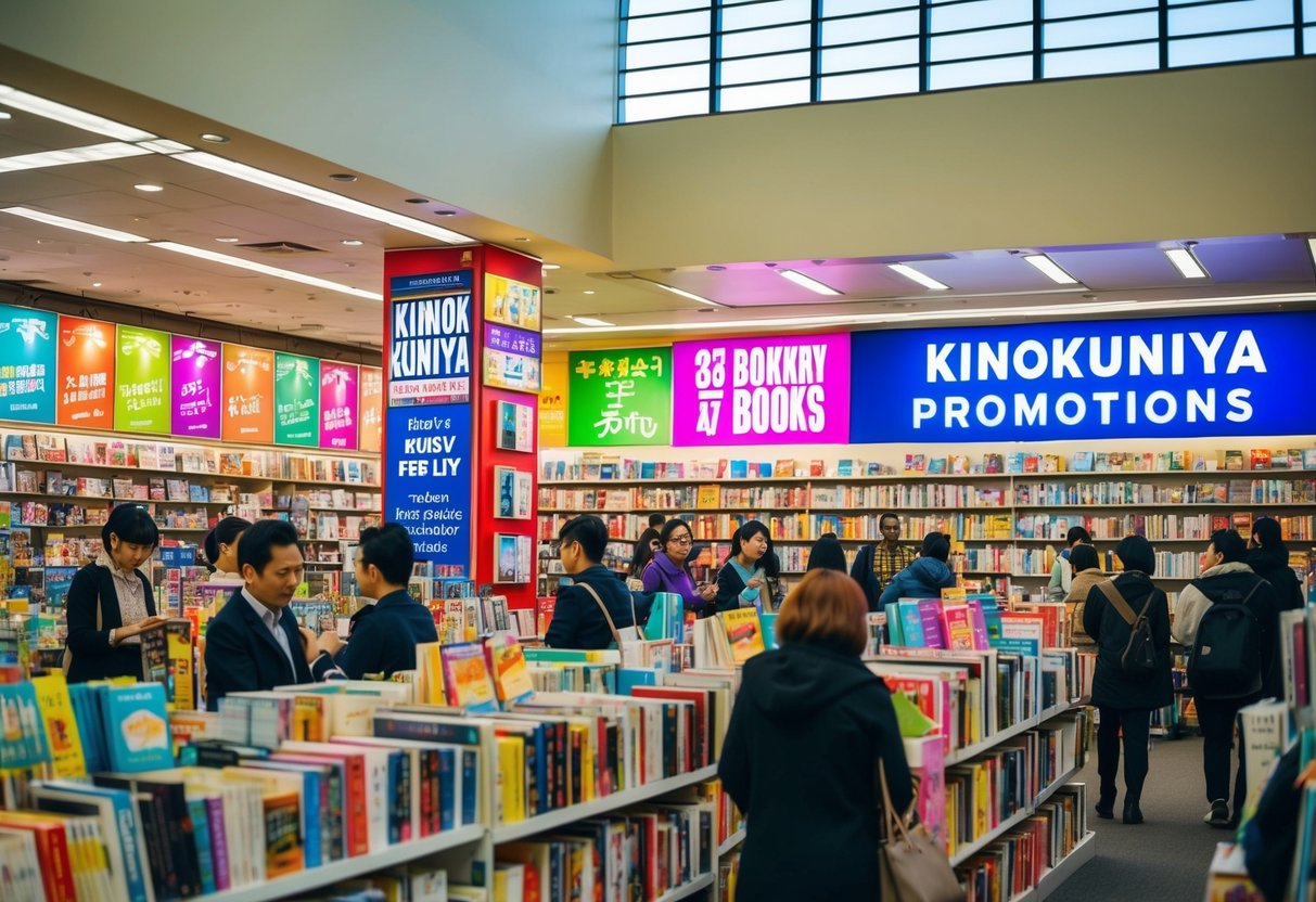A crowded bookstore with colorful promotional displays, shelves of books, and customers browsing. A large sign advertises Kinokuniya promotions