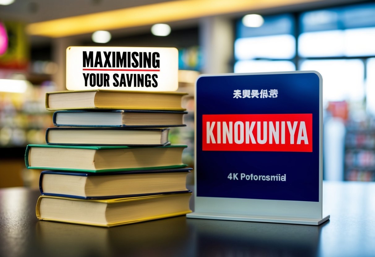 A stack of books with a "Maximising Your Savings" label next to a Kinokuniya promotional sign