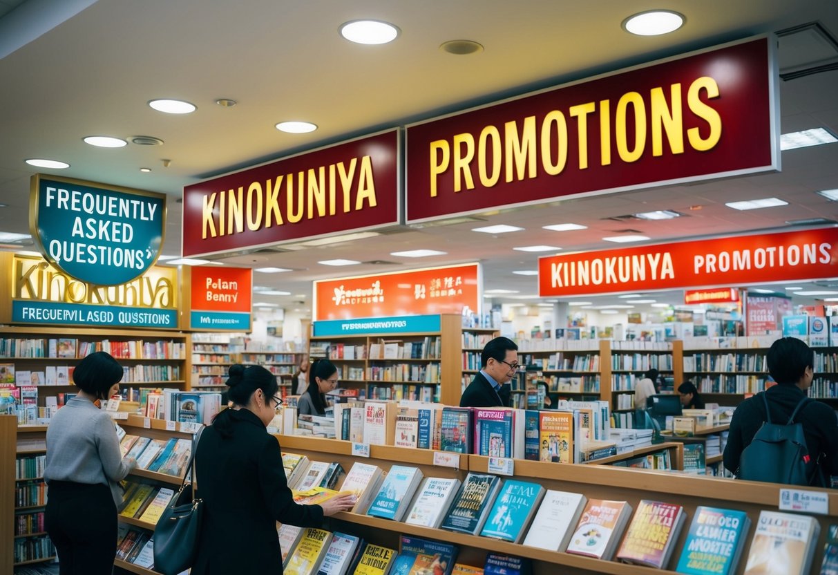 A bustling bookstore with signage for "Frequently Asked Questions" and "Kinokuniya promotions" displayed prominently. Customers browsing shelves