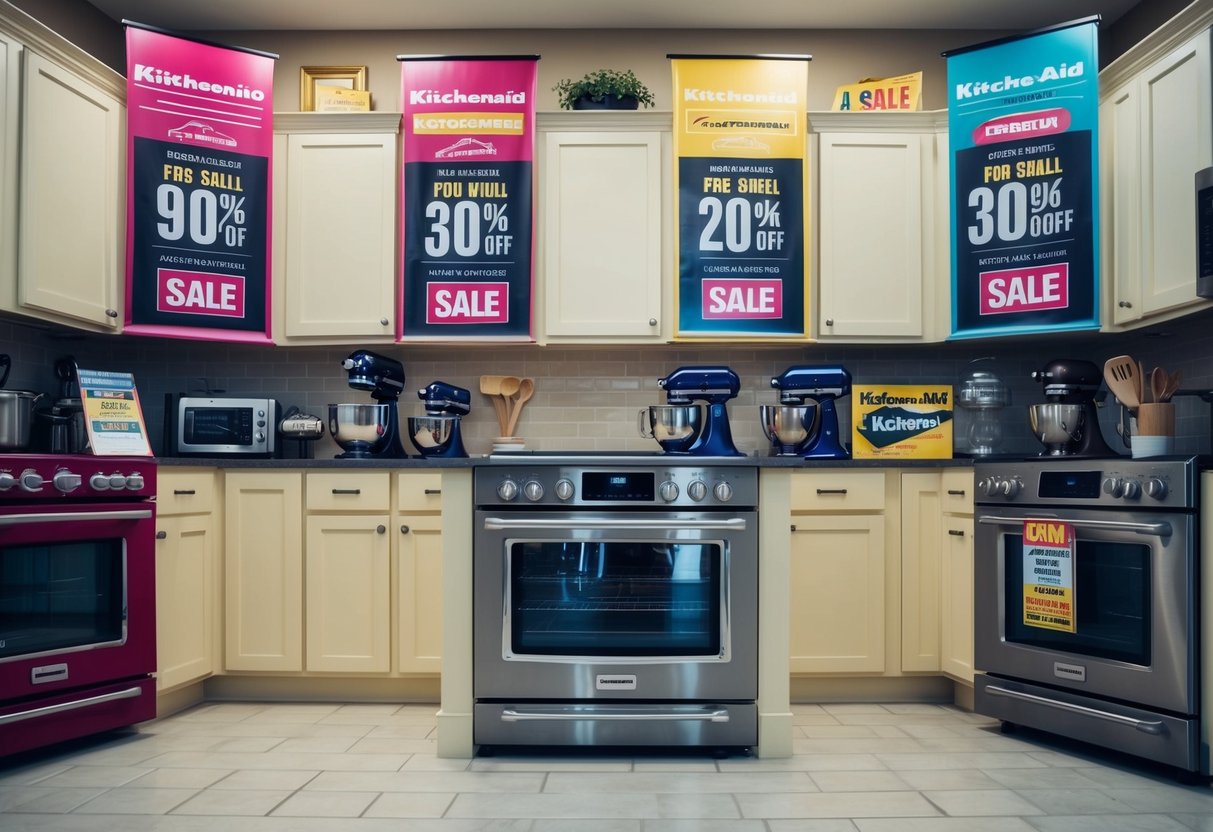 A kitchen filled with KitchenAid appliances on sale, with colorful promotional banners and signs displayed throughout the space