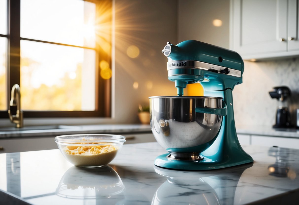 A KitchenAid Artisan Stand Mixer sits on a clean, marble countertop with a bowl of ingredients next to it. The sunlight streams through the window, casting a warm glow on the scene