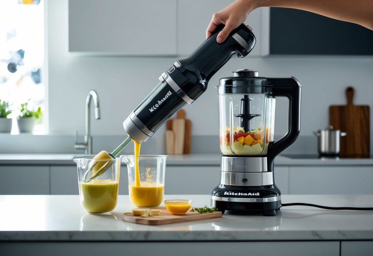 A KitchenAid Cordless Hand Blender mixing ingredients in a sleek modern kitchen