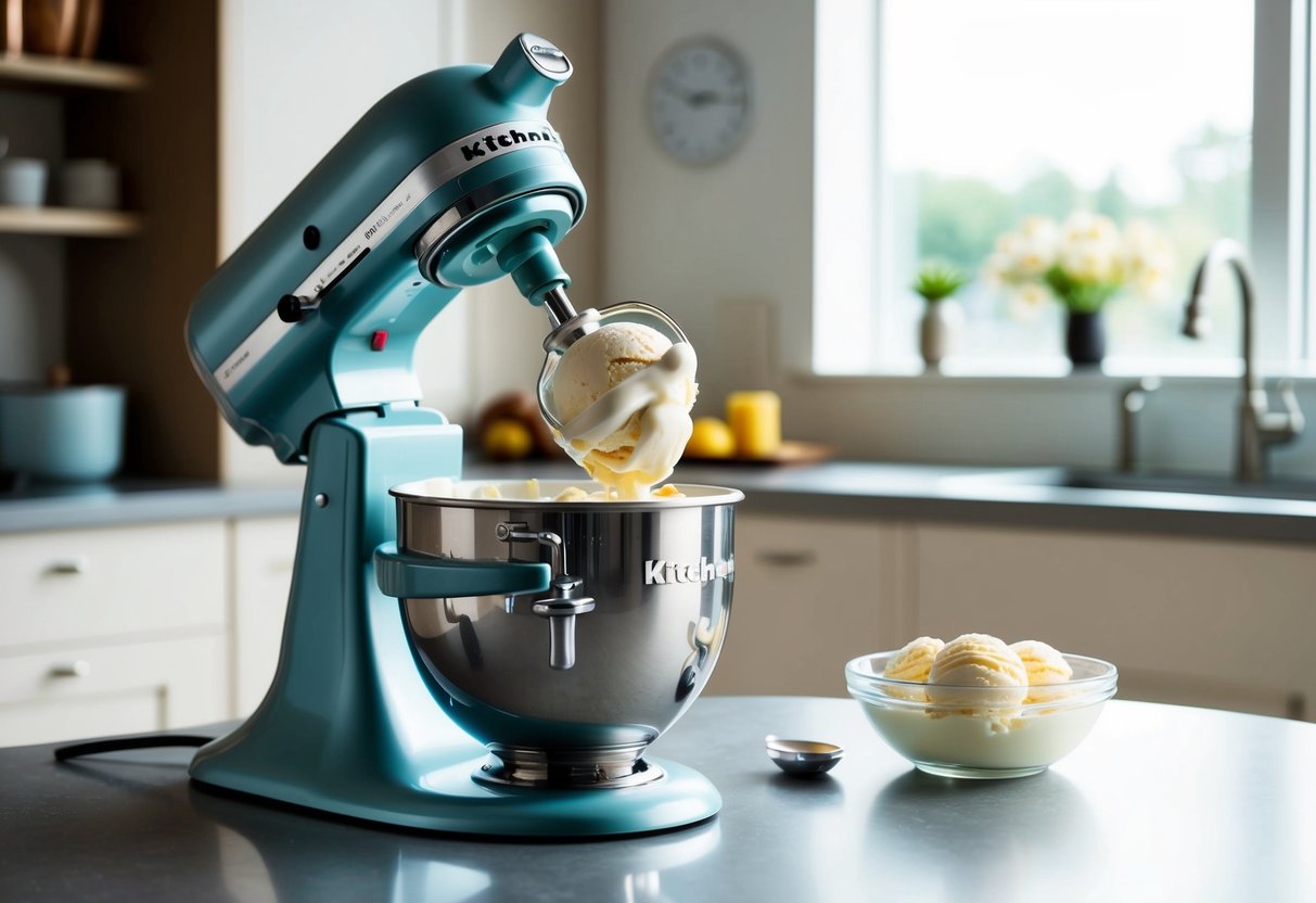 A KitchenAid stand mixer with an attached ice cream maker churns creamy dessert in a modern kitchen setting