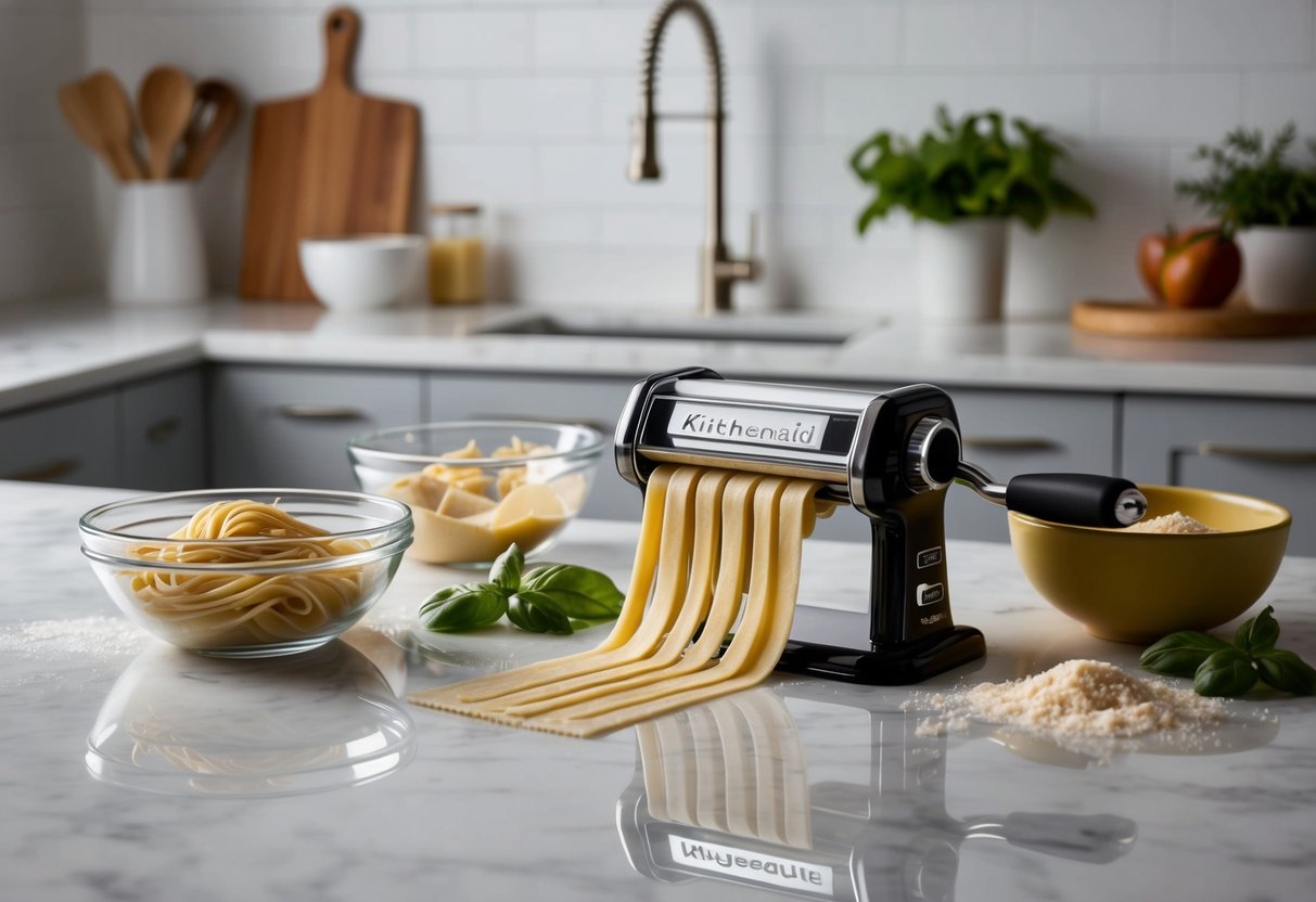 A KitchenAid Pasta Roller & Cutter Set sits on a clean, marble countertop, surrounded by fresh ingredients and a bowl of homemade pasta dough