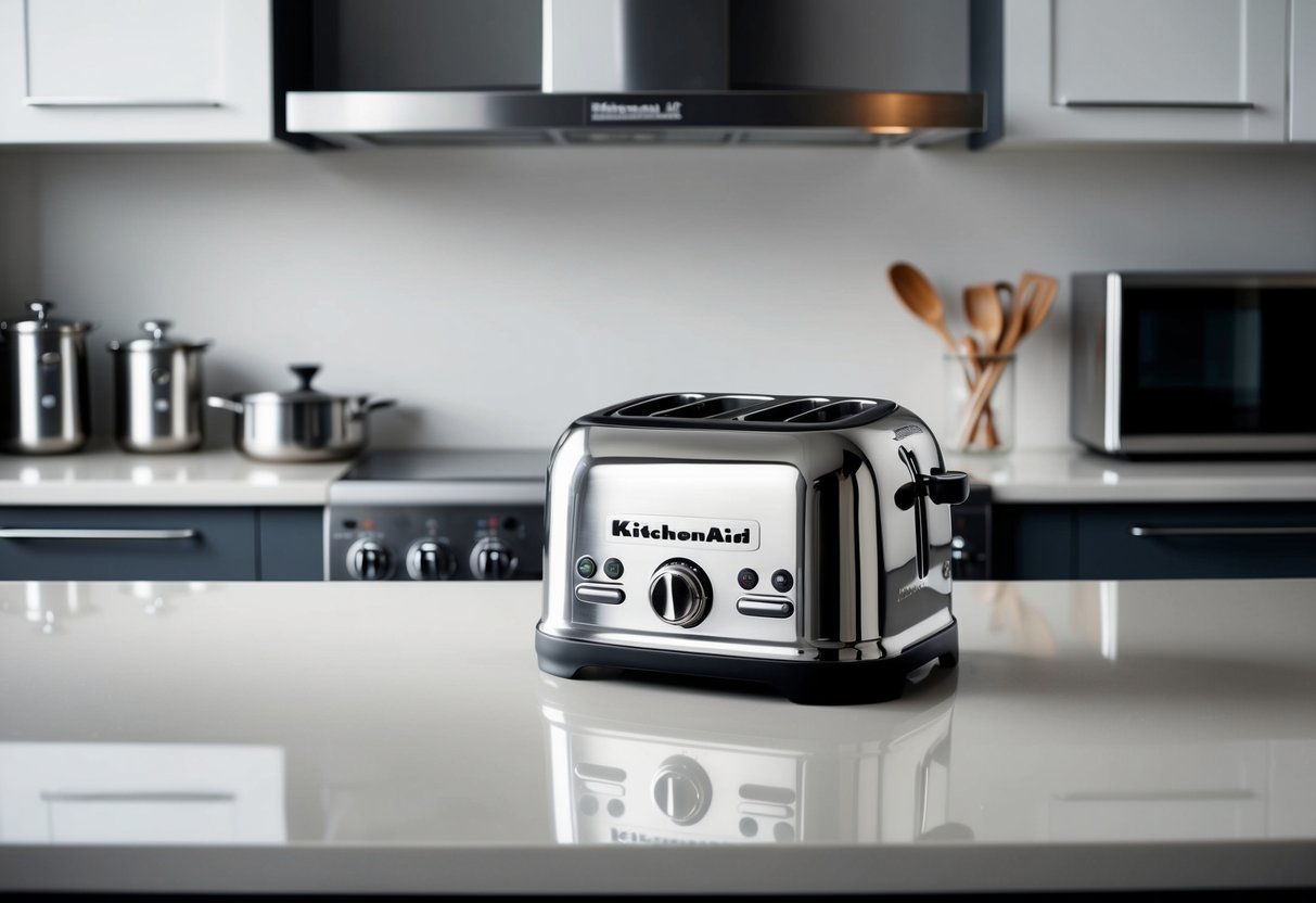 A sleek KitchenAid 2-Slice Toaster sits on a clean, modern countertop, surrounded by a matching set of stainless steel kitchen appliances